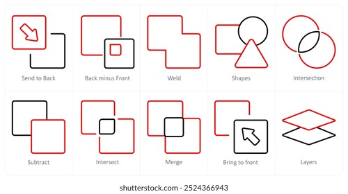 Um conjunto de 10 ícones de ferramentas de edição como enviar para trás, trás menos frente, solda