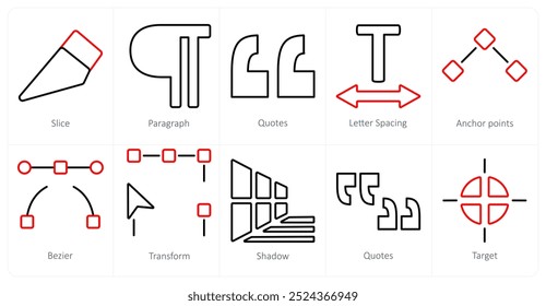 A set of 10 editing tools icons as slice, paragraph, quotes