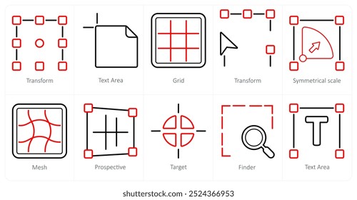 A set of 10 editing tools icons as transform, text area, grid