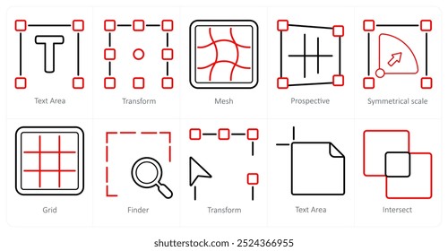 Ein Satz von 10 Bearbeitungswerkzeugen Symbole als Textbereich, Transformation, Netz