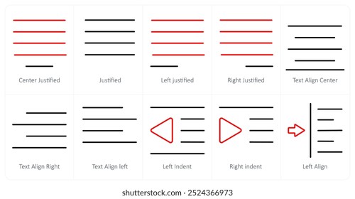 Um conjunto de 10 ícones de ferramentas de edição como justificado no centro, justificado, justificado à esquerda
