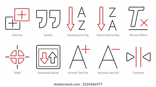 Un conjunto de 10 herramientas de edición de iconos como añadir nuevos, citas, clasificación ascendente