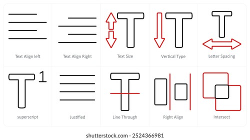 A set of 10 editing tools icons as text align left, text align right, text size