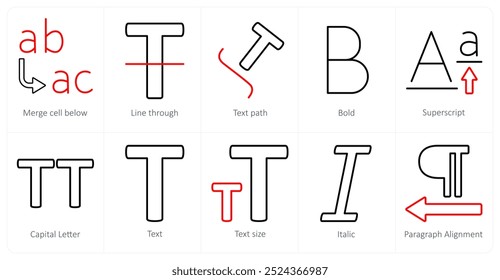 Um conjunto de 10 ícones de ferramentas de edição como mesclar célula abaixo, passagem de linha, caminho de imposto