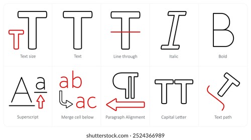 A set of 10 editing tools icons as text size, text, line through, italic