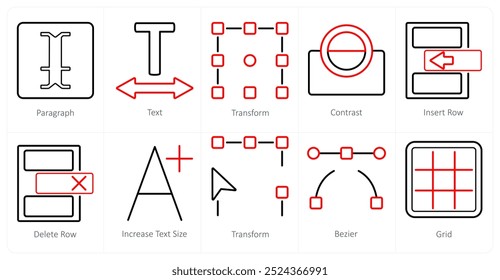 A set of 10 editing tools icons as paragraph, text, transform