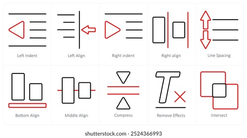 Um conjunto de 10 ícones de ferramentas de edição como recuo à esquerda, alinhamento à esquerda, recuo à direita