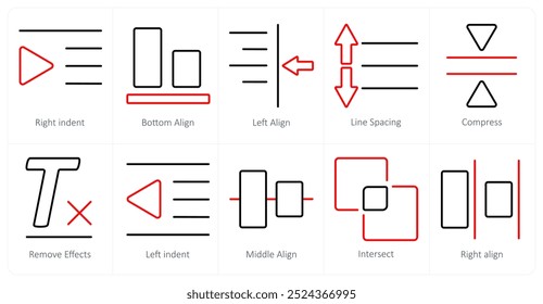 Um conjunto de 10 ícones de ferramentas de edição como recuo à direita, alinhamento inferior, alinhamento à esquerda