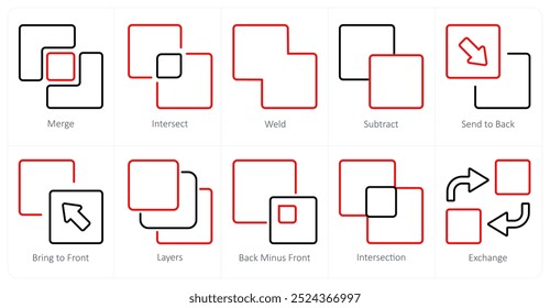 Um conjunto de 10 ícones de ferramentas de edição como mesclar, fazer interseção, soldar