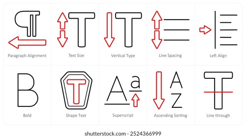 A set of 10 editing tools icons as paragraph alignment, text size, vertical type