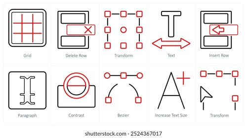 Um conjunto de 10 ícones de ferramentas de edição como grade, excluir linha, transformar