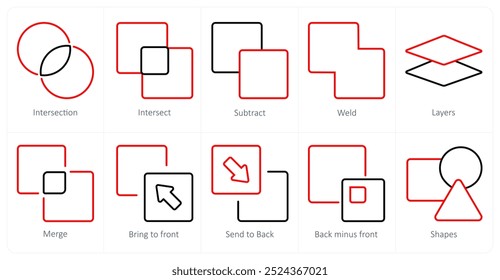 Um conjunto de 10 ícones de ferramentas de edição como interseção, interseção, subtração