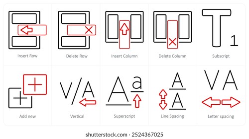 Um conjunto de 10 ícones de ferramentas de edição como inserir linha, excluir linha, inserir coluna