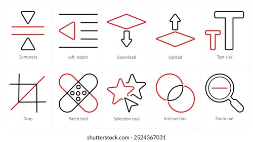 Um conjunto de 10 ícones de ferramentas de edição como compress, left indent, download