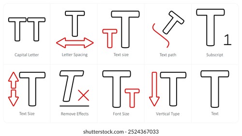 A set of 10 editing tools icons as capital letter, letter spacing, text size