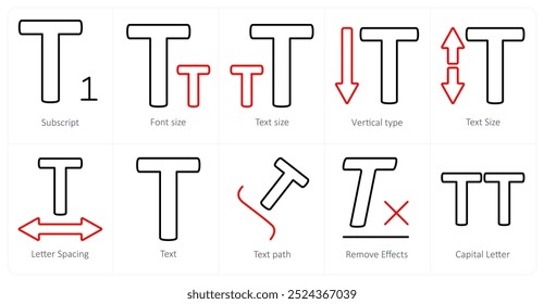 A set of 10 editing tools icons as subscript, font size, text size