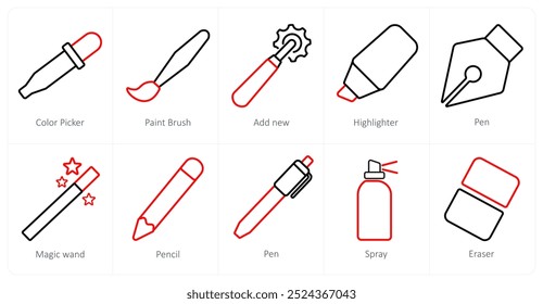 A set of 10 editing tools icons as color picker, paint brush, add new