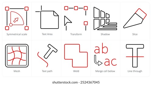 Um conjunto de 10 ícones de ferramentas de edição como escala simétrica, área de texto, transformar