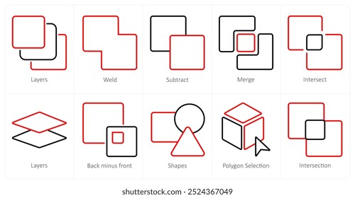 Um conjunto de 10 ícones de ferramentas de edição como camadas, solda, subtração