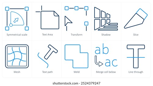A set of 10 editing tools icons as symmetrical scale, text area, transform