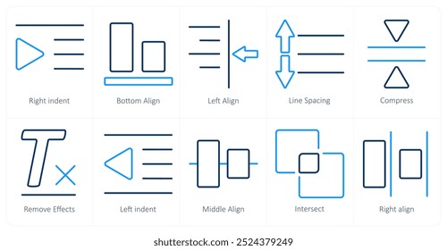 Um conjunto de 10 ícones de ferramentas de edição como recuo à direita, alinhamento inferior, alinhamento à esquerda