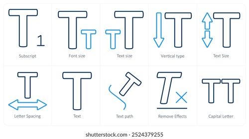 A set of 10 editing tools icons as subscript, font size, text size