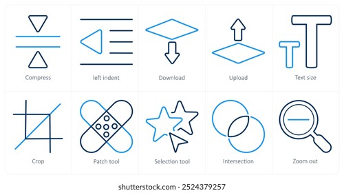 Um conjunto de 10 ícones de ferramentas de edição como compress, left indent, download