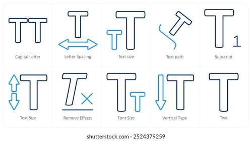 A set of 10 editing tools icons as capital letter, letter spacing, text size