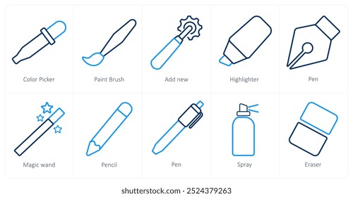 A set of 10 editing tools icons as color picker, paint brush, add new