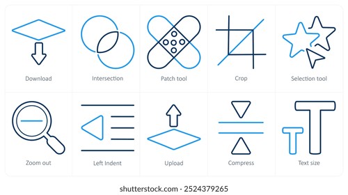 Um conjunto de 10 ícones de ferramentas de edição como download, interseção, ferramenta de patch