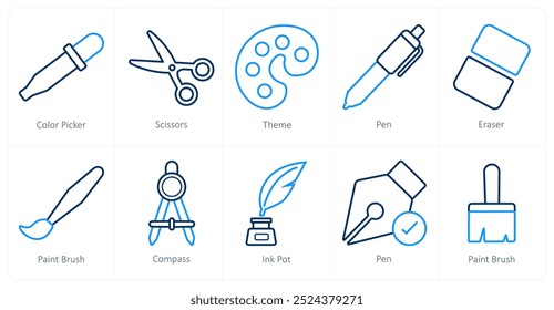 Un conjunto de 10 herramientas de edición iconos como selector de color, tijeras, tema