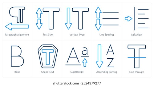 A set of 10 editing tools icons as paragraph alignment, text size, vertical type