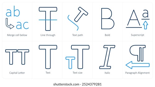Um conjunto de 10 ícones de ferramentas de edição como mesclar célula abaixo, passagem de linha, caminho de imposto