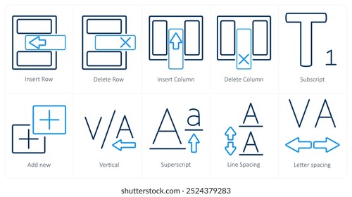 Um conjunto de 10 ícones de ferramentas de edição como inserir linha, excluir linha, inserir coluna