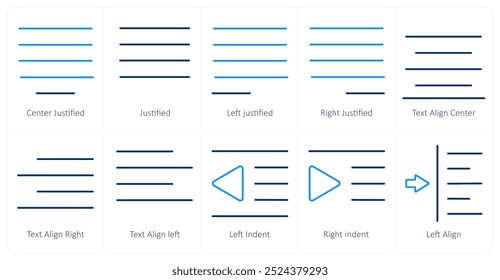 Um conjunto de 10 ícones de ferramentas de edição como justificado no centro, justificado, justificado à esquerda