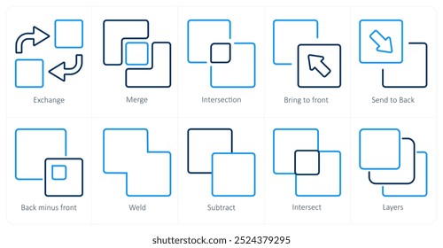 Um conjunto de 10 ícones de ferramentas de edição como troca, mesclagem, interseção