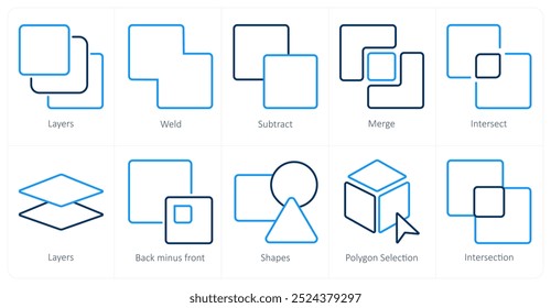 Um conjunto de 10 ícones de ferramentas de edição como camadas, solda, subtração