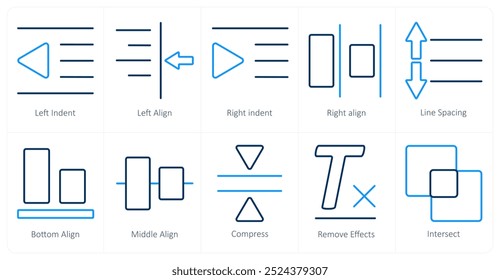 Um conjunto de 10 ícones de ferramentas de edição como recuo à esquerda, alinhamento à esquerda, recuo à direita
