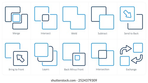 Um conjunto de 10 ícones de ferramentas de edição como mesclar, fazer interseção, soldar
