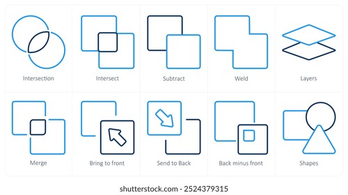 Um conjunto de 10 ícones de ferramentas de edição como interseção, interseção, subtração