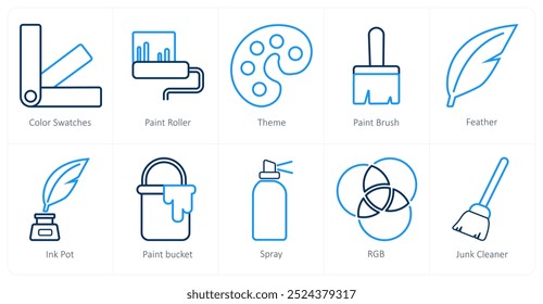 A set of 10 editing tools icons as color swatches, paint roller, theme
