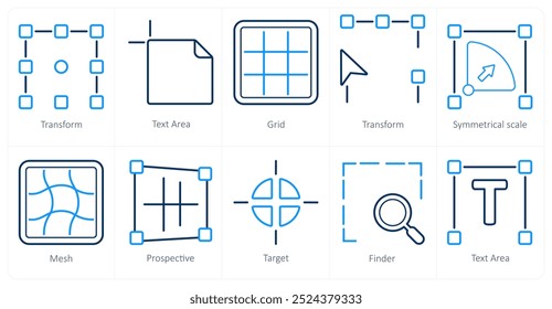 Um conjunto de 10 ícones de ferramentas de edição como transformar, área de texto, grade