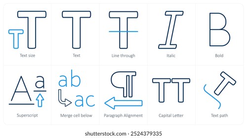 A set of 10 editing tools icons as text size, text, line through, italic