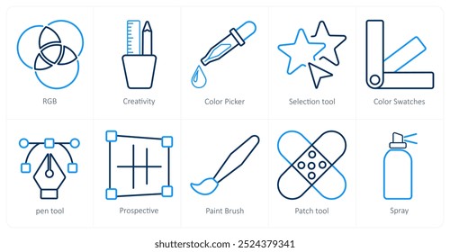 A set of 10 editing tools icons as rgb, creativity, color picker