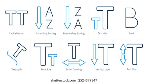 Um conjunto de 10 ícones de ferramentas de edição em maiúsculas, em ordem crescente, decrescente