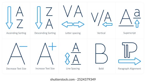 A set of 10 editing tools icons as ascending sorting, descending sorting, letter spacing