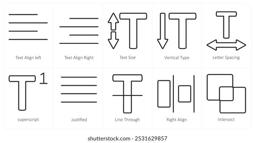 A set of 10 editing tools icons as text align left, text align right, text size