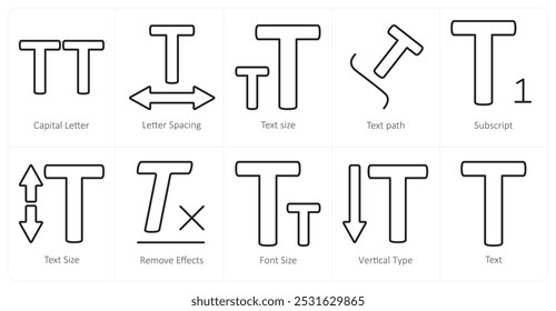 A set of 10 editing tools icons as capital letter, letter spacing, text size