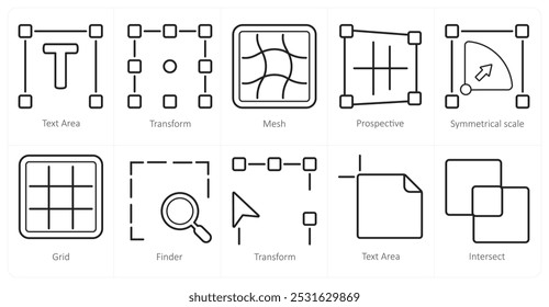 Un conjunto de 10 iconos de herramientas de edición como área de texto, transformación, malla