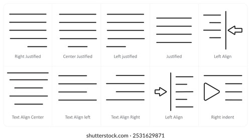 Um conjunto de 10 ícones de ferramentas de edição como justificado à direita, justificado ao centro, justificado à esquerda